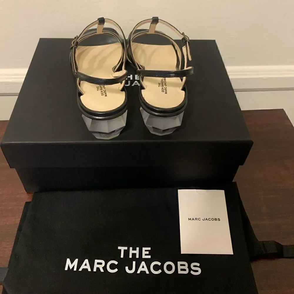Marc Jacob Women’s heel T- stripe leather black sandal Sz  US6,5-7/ EU 37, NIB